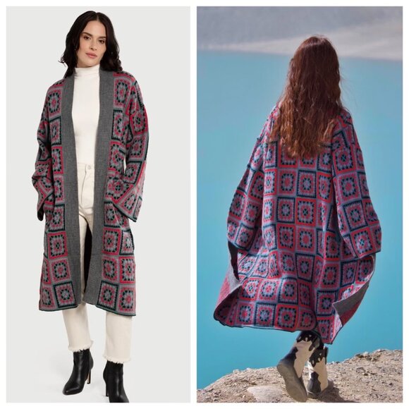 Saachi Square Patch Open Front LOng Kimono Cardigan *Grey* One Size - Picture 1 of 13